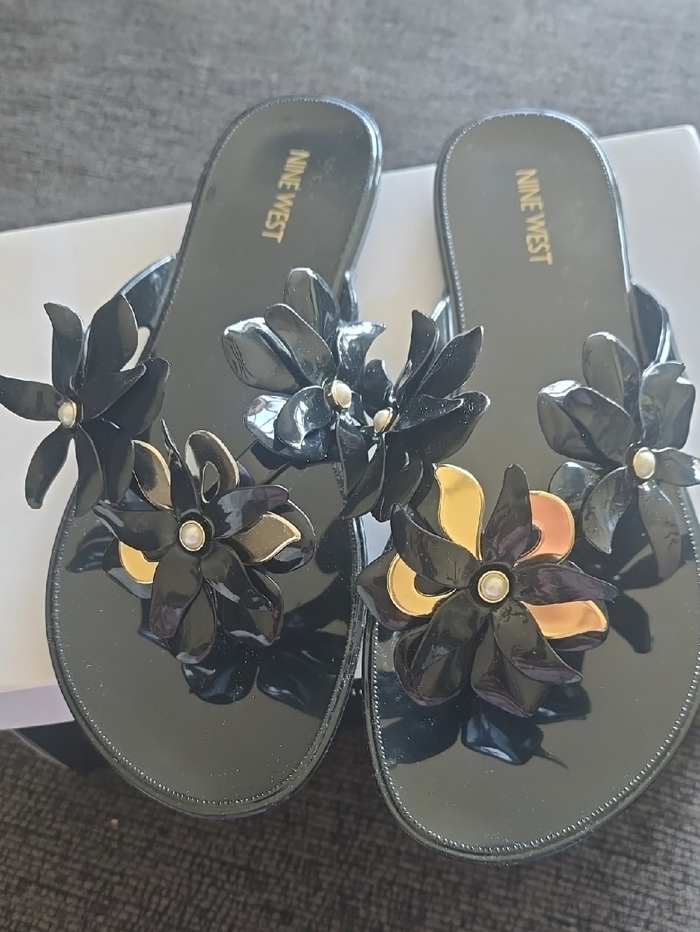 Nine West Black Patent Floral Slide Sandals with Gold Accents